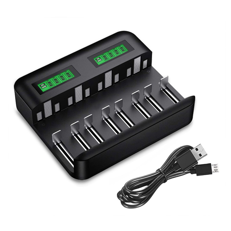 LCD 8bay Battery Charger for Rechargeable Batteries Ni-MH AA AAA C D Batteries with 2A USB Port, Type C Input