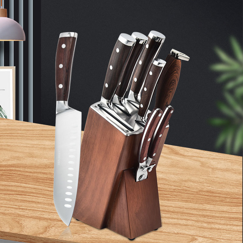 Kitchen Knife Set with Wooden Base Stainless Steel Scissors Household Seven-Piece Set