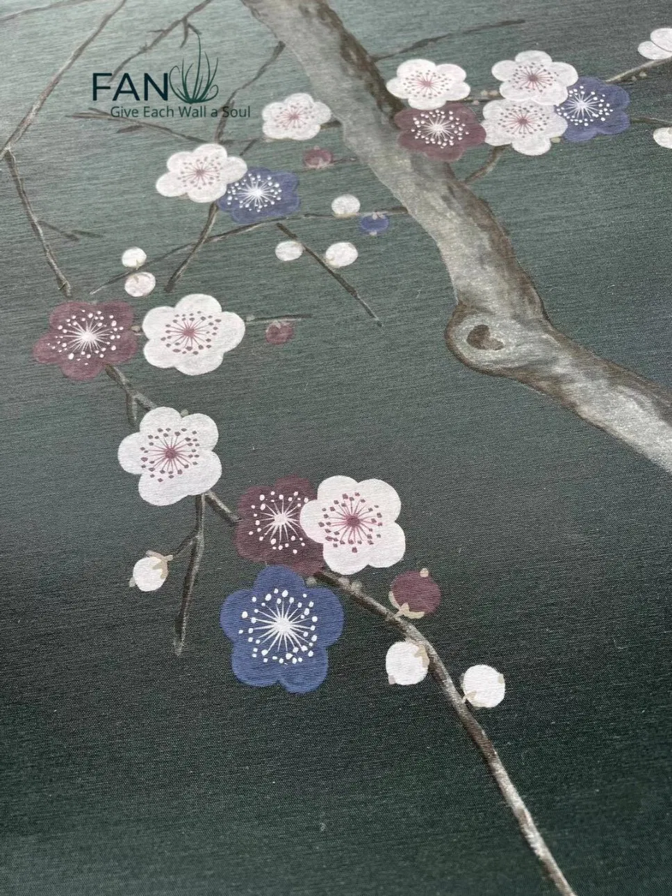 Luxury Hand-Painted White Plum Blossom Dark Green Background Wallpaper for Home Improvement