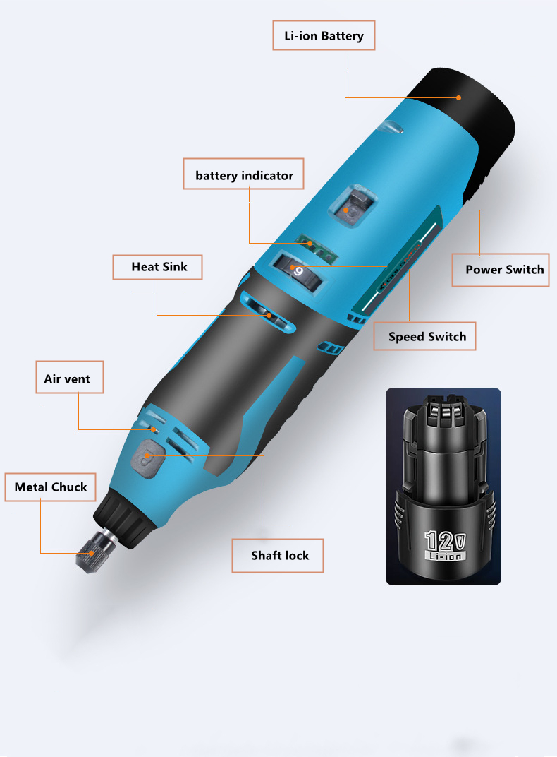 TOOLSMFG 12V Cordless Variable Speed Electric Rotary Tool