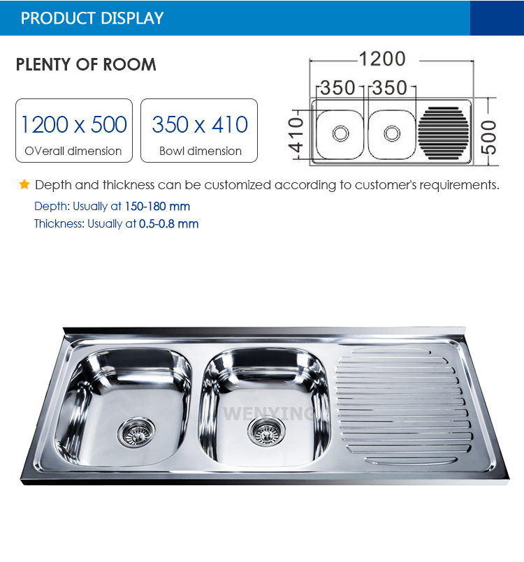 Favorable Design Double Bowl Stainless Steel Kitchen Sink with Drainboard 1200*500 mm