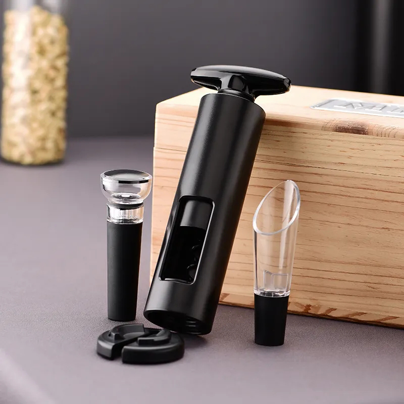 Promotional T Shape Spinning Vacuum Stopper Wine Corkscrew Electric Wine Opener Set with Foil Cutter