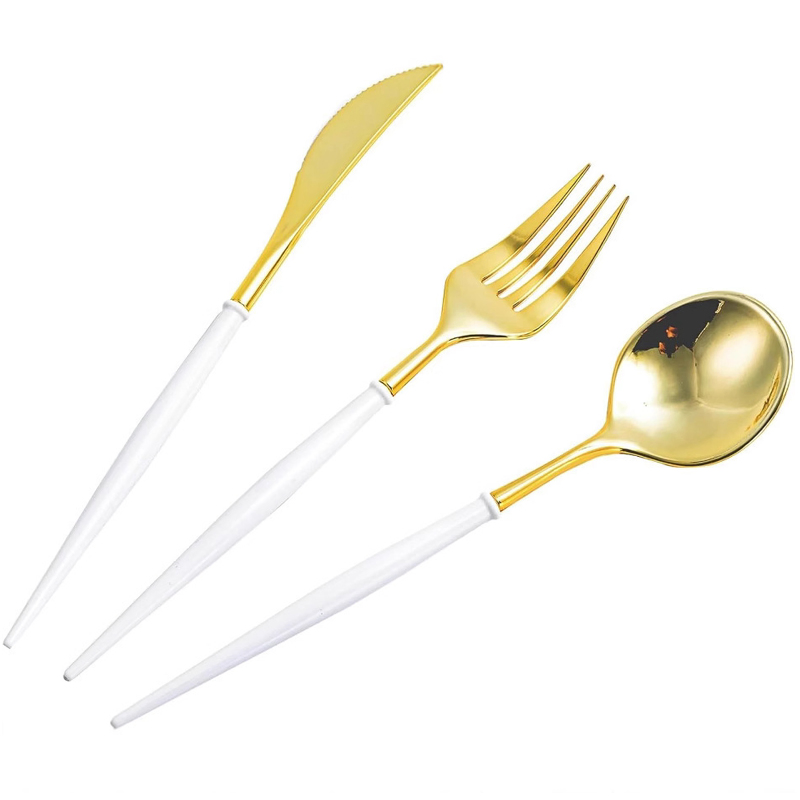 Wholesale Electroplated Plastic Disposable Knife, Fork and Spoon Cutlery Set Tableware
