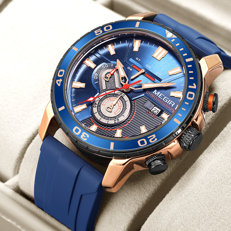 New Megir Men's Sports Silicone Strap Multi Functional Luminous Quartz Watch