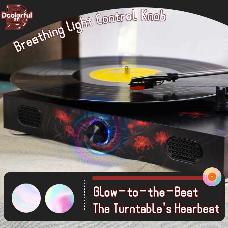 Red Spider Lily Painting 3-Speed Bluetooth Hi-Fi Turntable Lp Vinyl Record Player with Built in Speaker for Gift