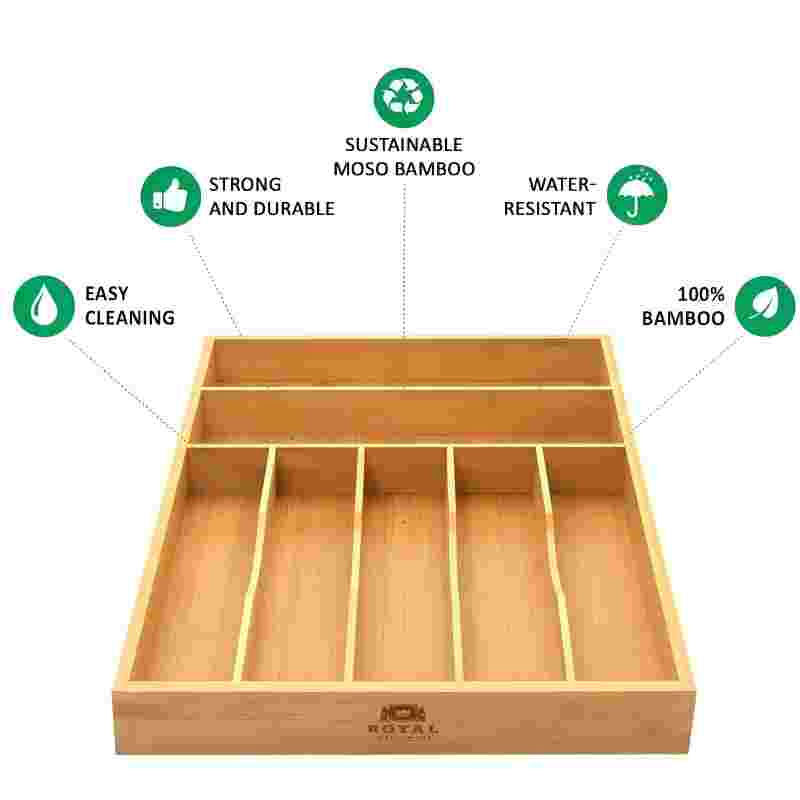 Bamboo Kitchen Drawer Cutlery Tray and Silverware Organizer with Grooved Drawer Dividers
