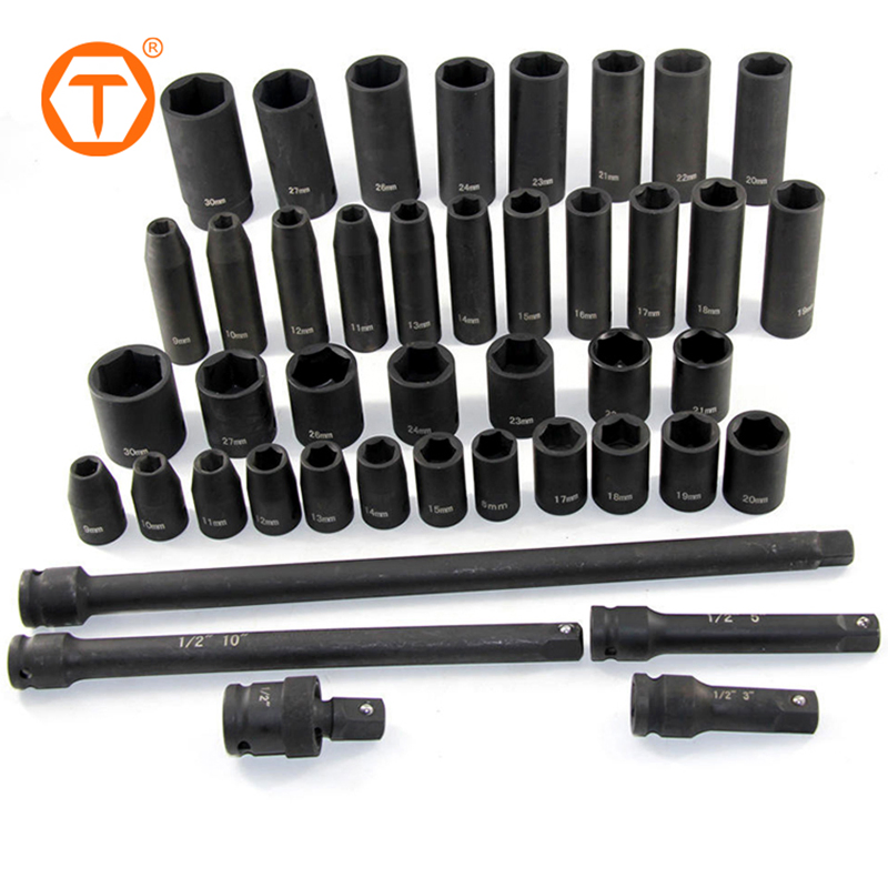 43 PCS 1/2" Black 6 Point Standard and Deep Metric Extension Bar Universal Joint Impact Socket Set