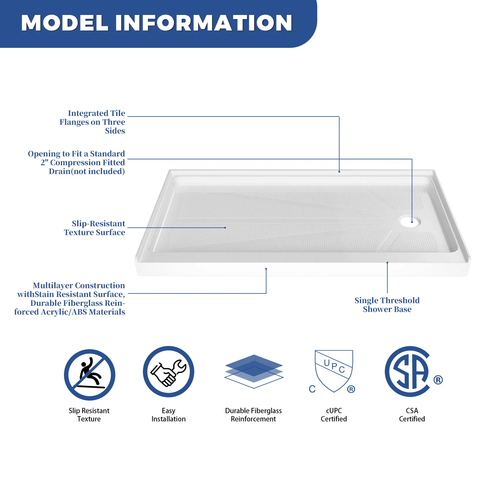 Anti Slip Surface Single Threshold Free Standing Acrylic Bathroom Shower Tray