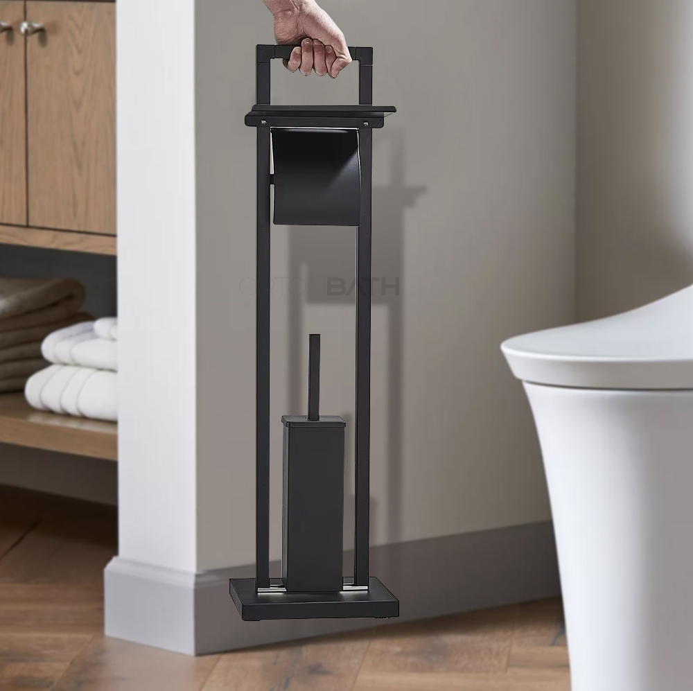 Ortonbath Free Standing Toilet Paper Holder Bathroom Roll Paper Holder with Phone Shelf Toilet Brush Easy Assembly with Black Color