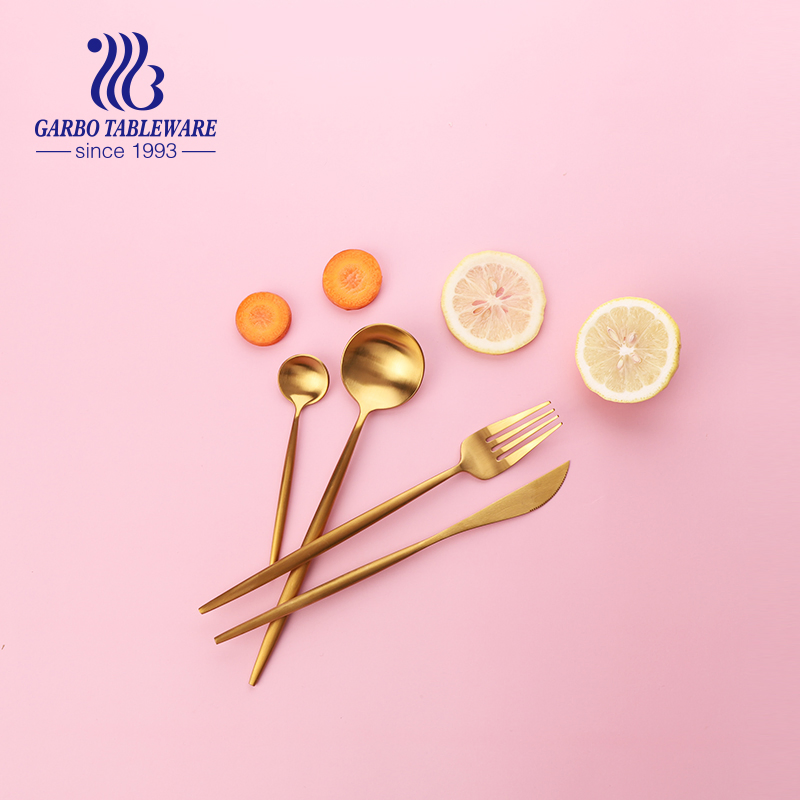 Amazon Hot Sale Portugal Golden Stainless Steel Flatware Set Luxury Metal Knife Fork Tea Spoon Royal Style for Wedding Hotel Use