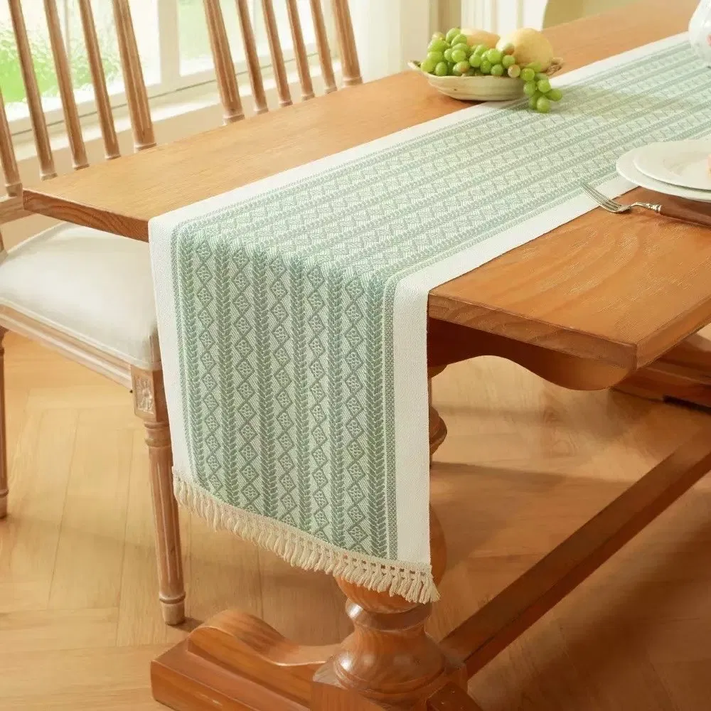 Available Designs Jacquard Polyester Coffee Table Runner with Tassels MOQ 10PCS