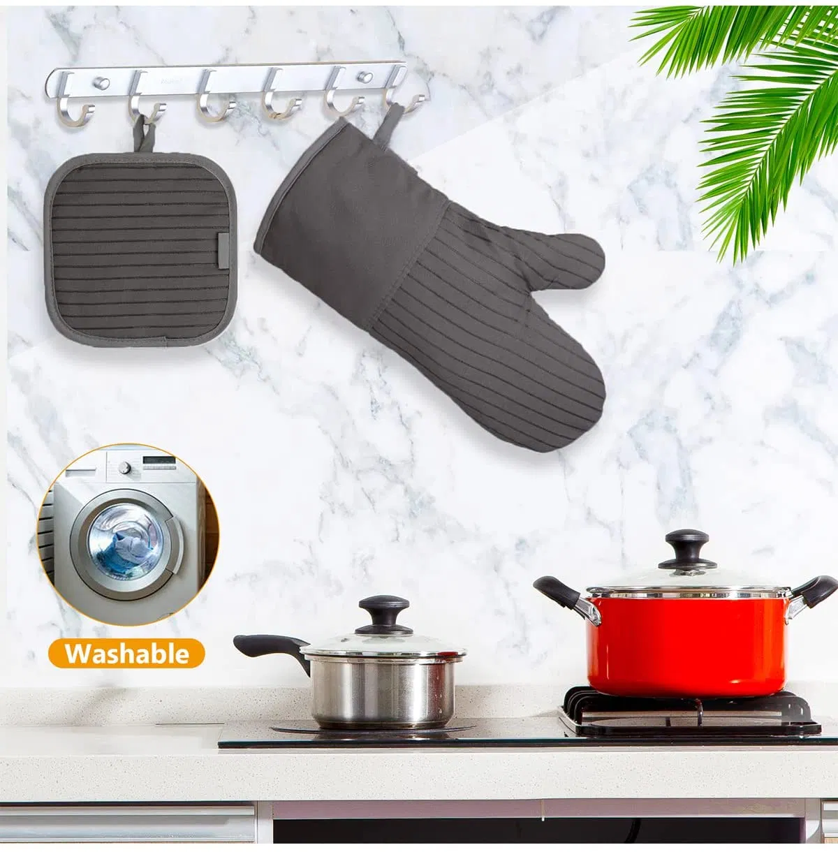 Oven Mitts and Pot Holders Sets Oven Mitts Heat Resistant with Cotton Lining and Non-Slip Silicone Striped Surface Hanging Loop and Potholders