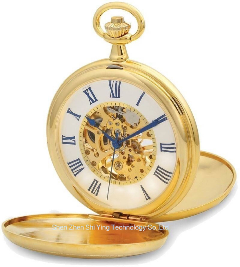 48mm Gold Plated Skeleton Dual Open Pocket Watches with Mechanical Movement