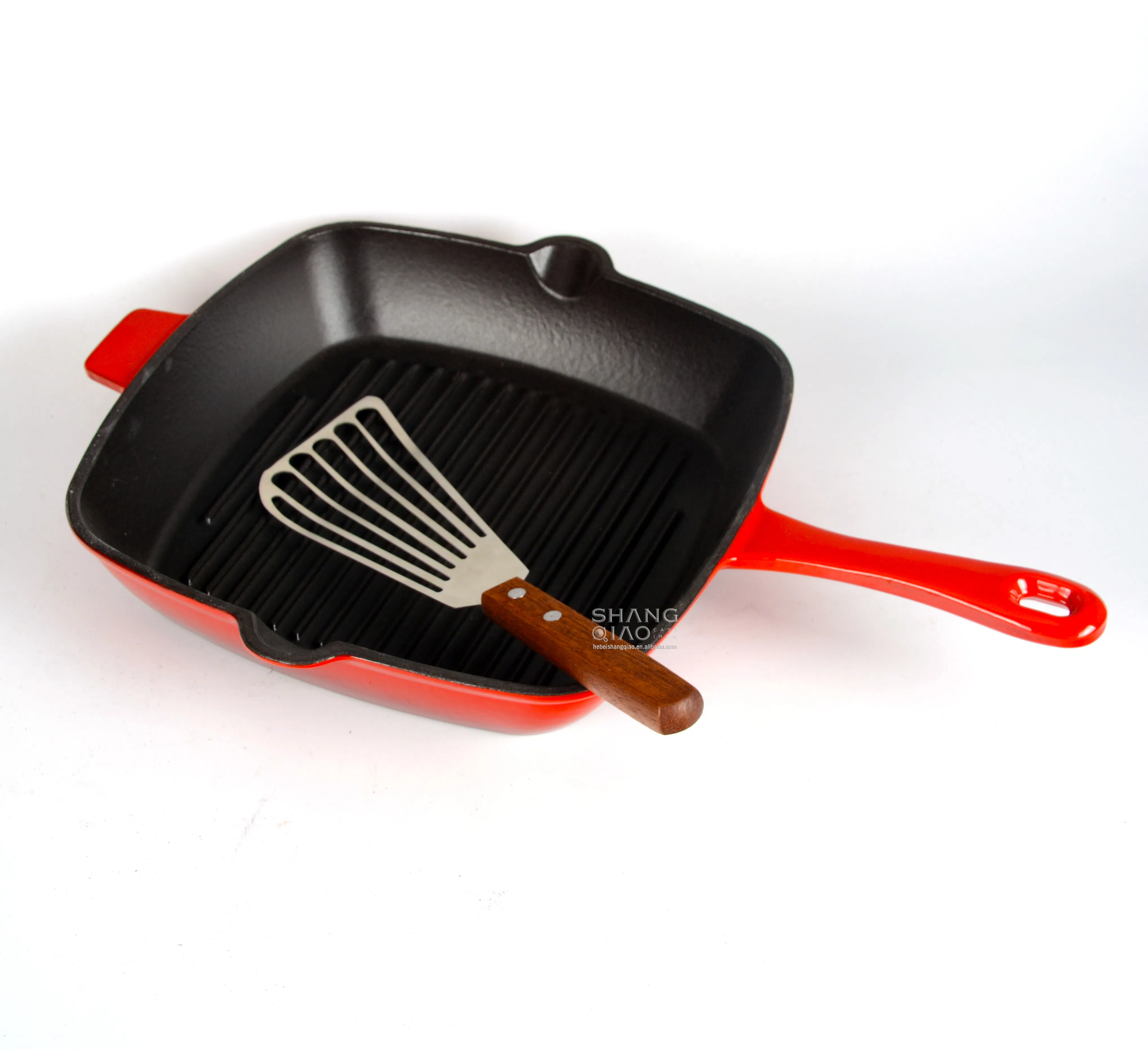 Чугунная эмалированная сковорода-гриль квадратная с лопаткой