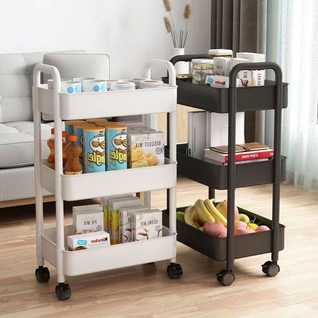3 Tier High Quality Multifunction Colorful Stainless PP Rolling Storage Trolley