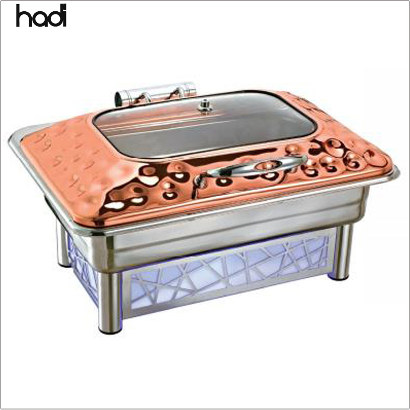 Wholesale 9L Stainless Steel Rectangle Hydraulic Top Buffet Equipment Electric Catering Chafing Dish Glass Cover with LED Light