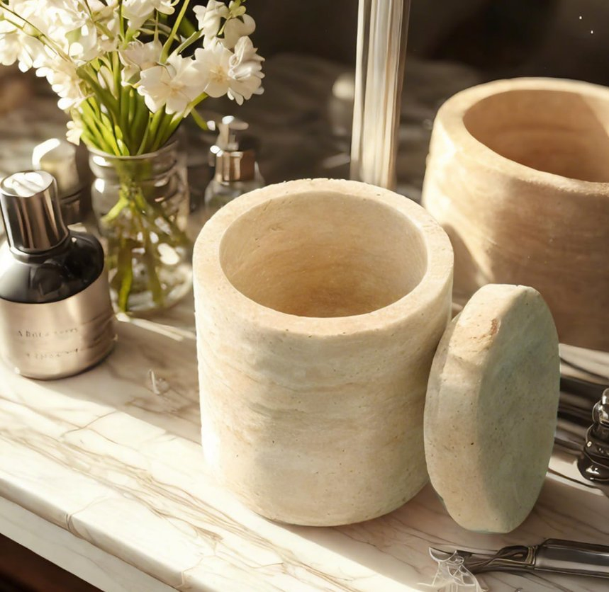 Natural Marble Canister Toothbrush Holder Cotton Swab Container with Lid