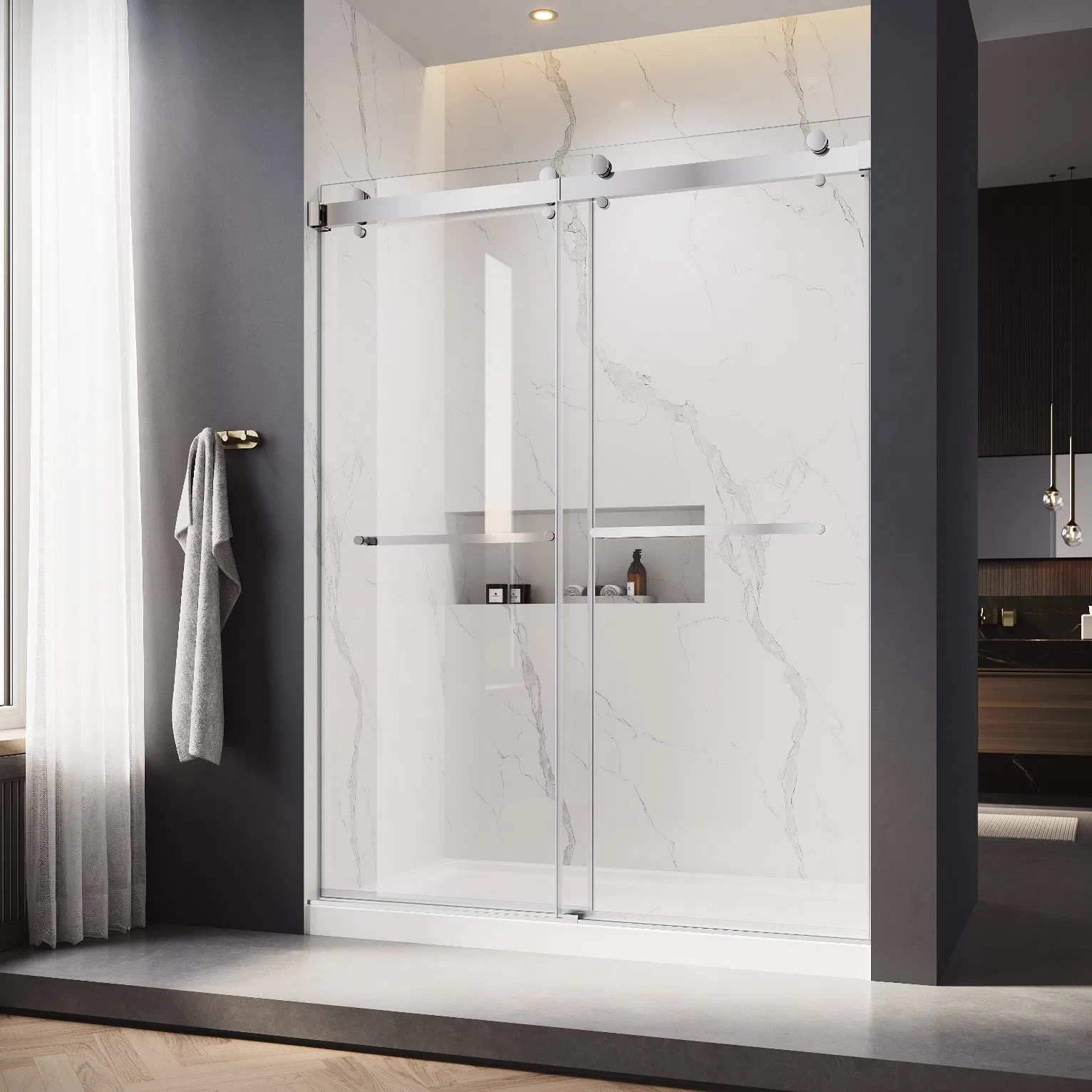 Fast Delivery Bathroom Freestanding Walk in Shower Enclosure Frameless Double Sliding Glass Shower Doors