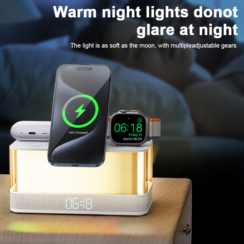 Multifunctional Desk Lamp Bluetooth Speaker 5.3, Magsafe Wireless Charger Foldable Stand, RGB Night Light, Fabric Digital Clock for Home Office
