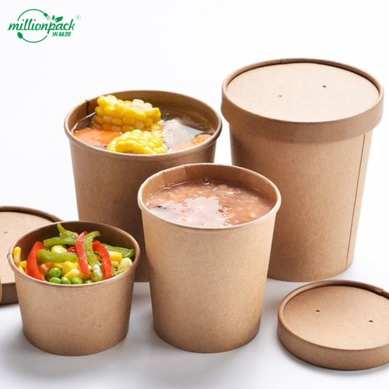 Vented Lid Disposable Paper Soup Cup Kraft Bowl for Steam Release Control
