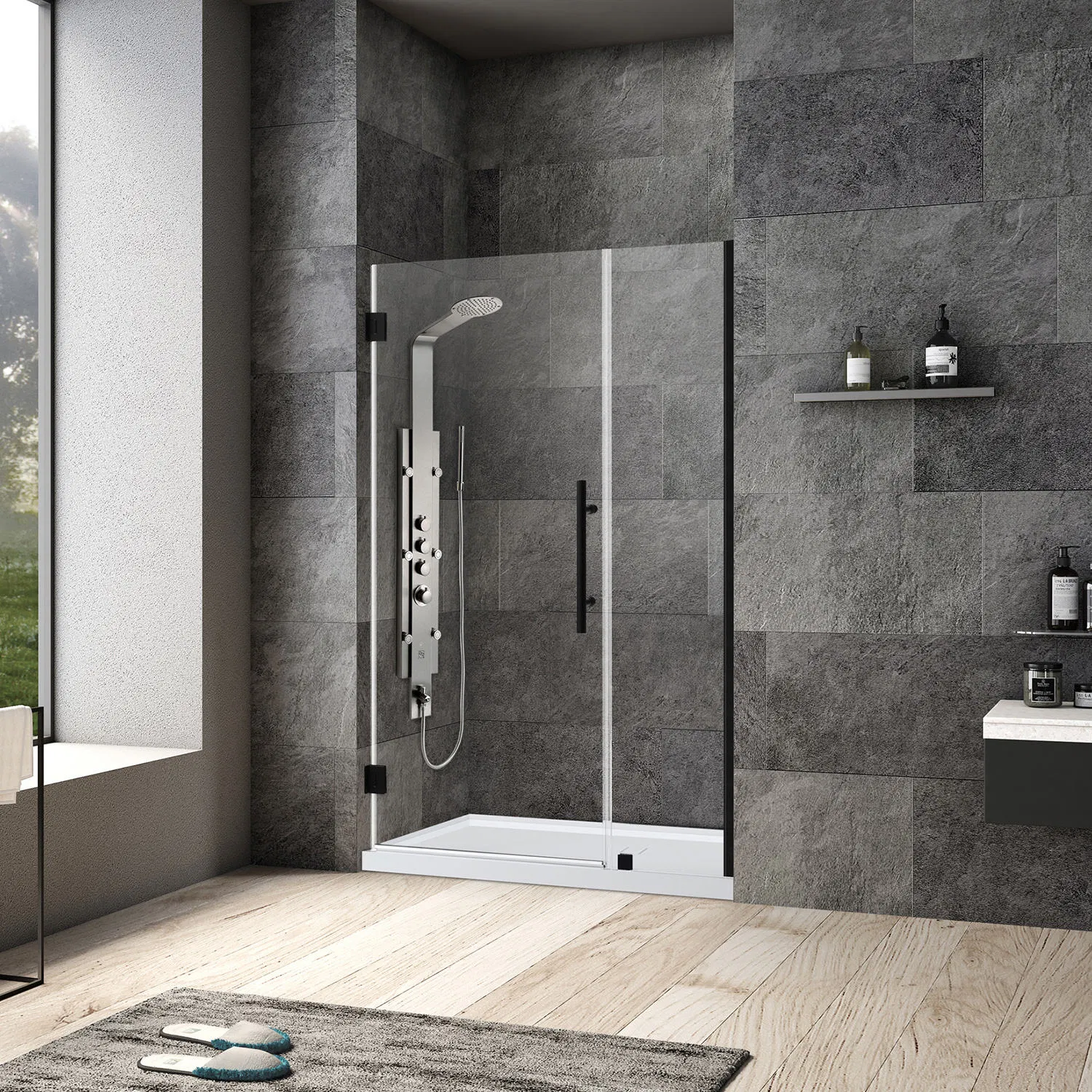 Factory Direct Sale 8mm 10mm Tempered Glass Black Hinge Handle Frameless Shower Door