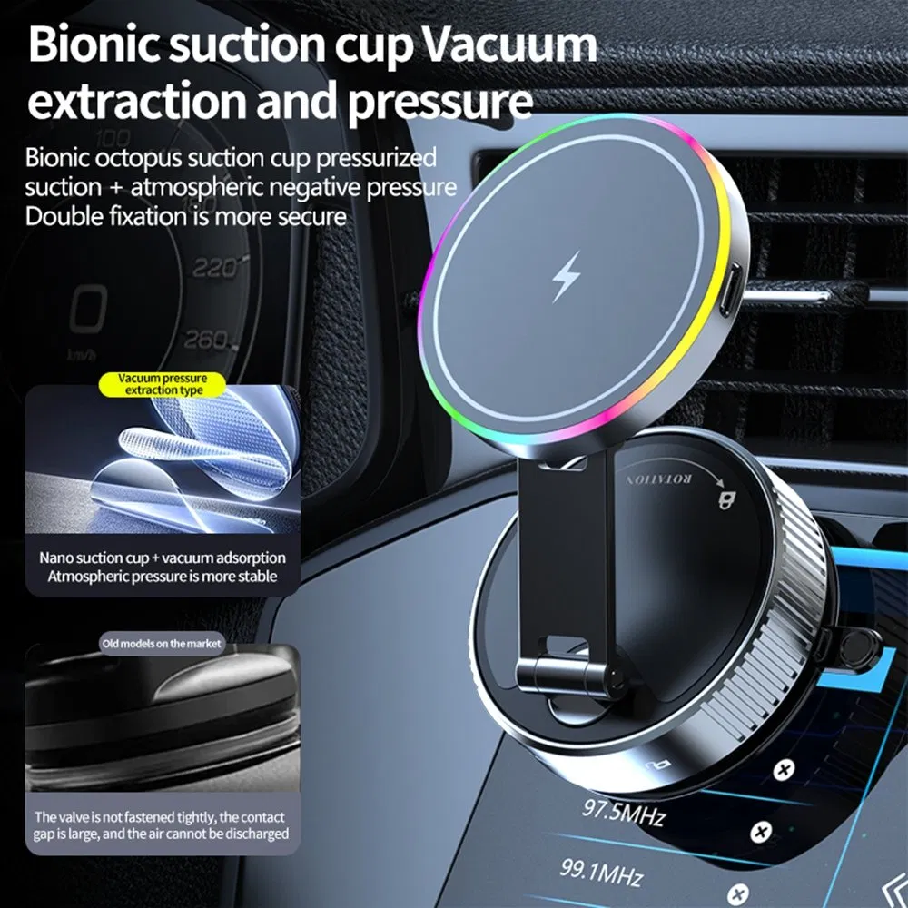K3 Rotating Magnetic Car Phone Holder Wireless Charger Vacuum Sucker Desktop Stand with Colorful Light