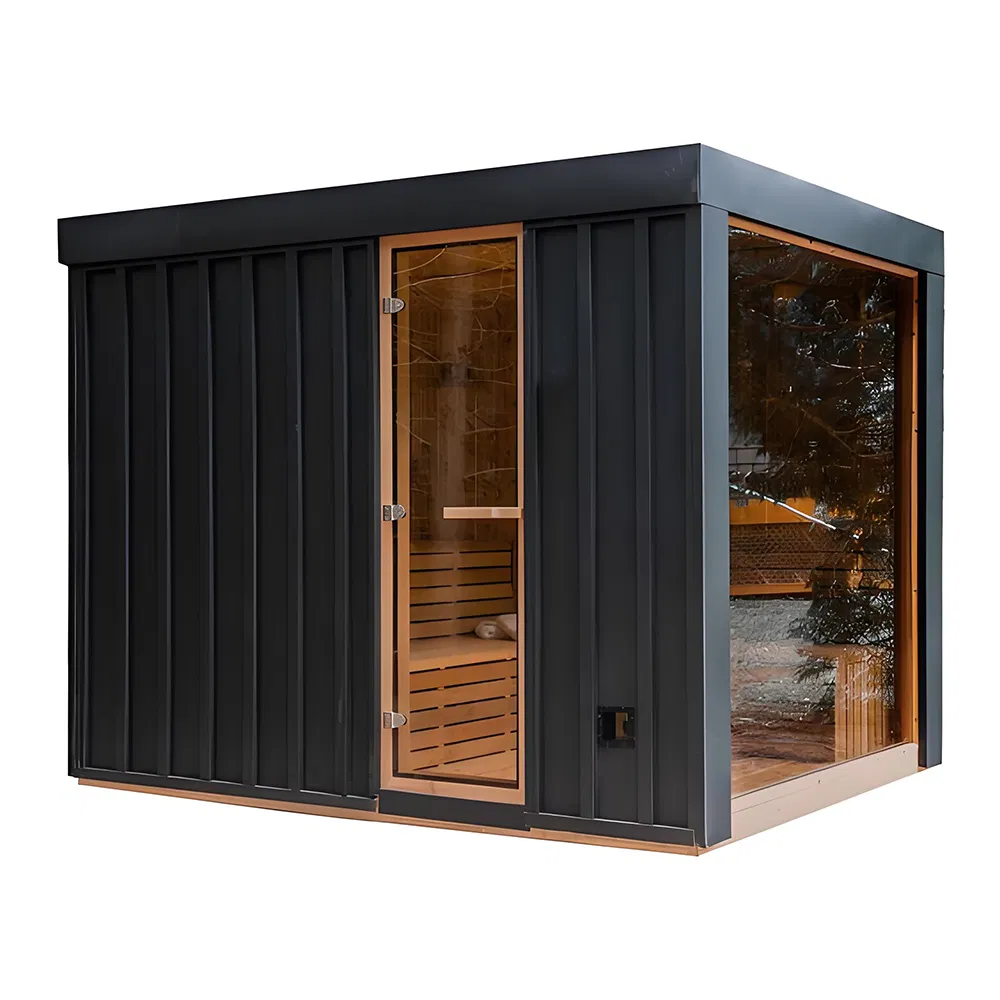 Luxurious Custom Outdoor Square Sauna with Elegant Wood Finish