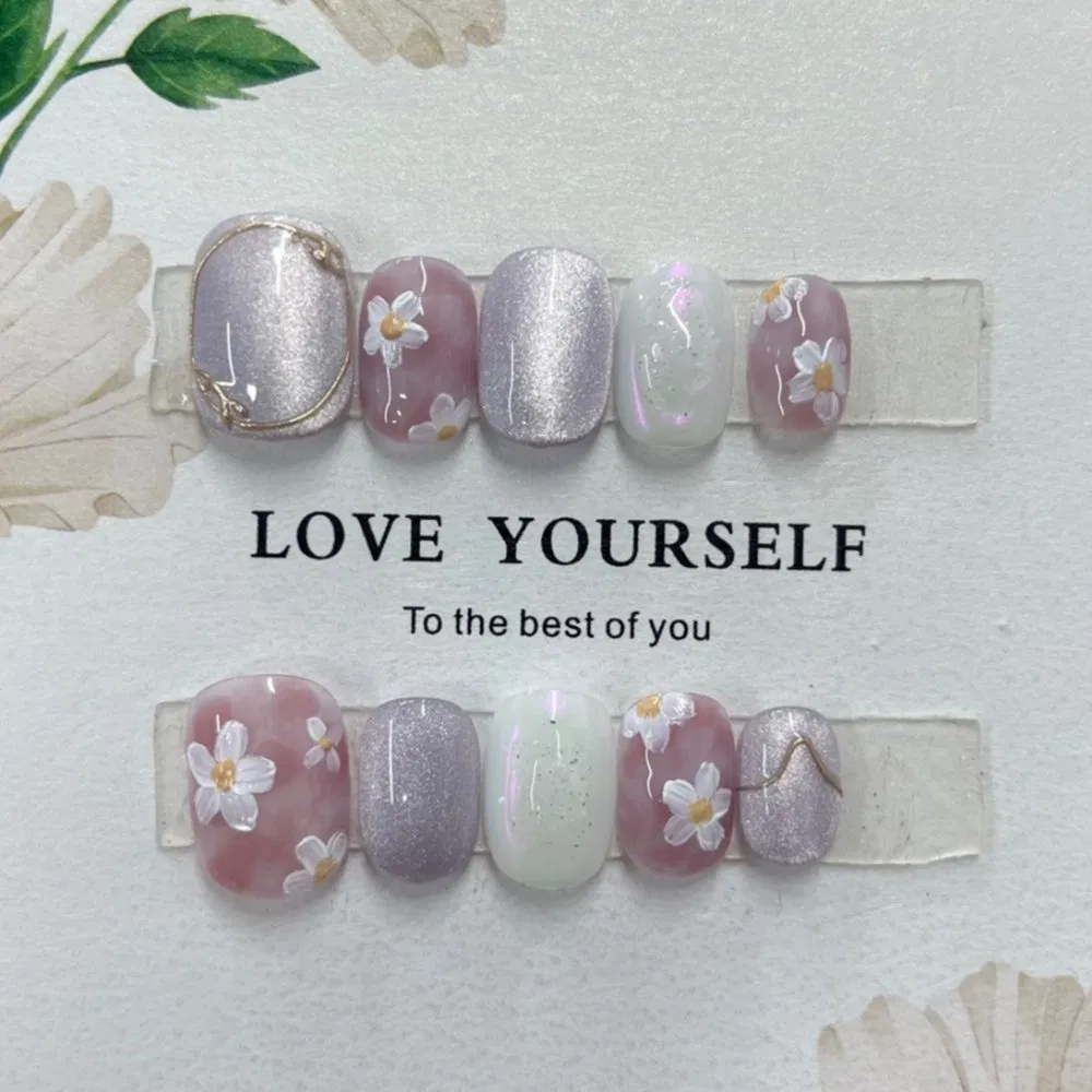 Artisan Hand Painted 3D Floral Cat Eye Press on Nails Set