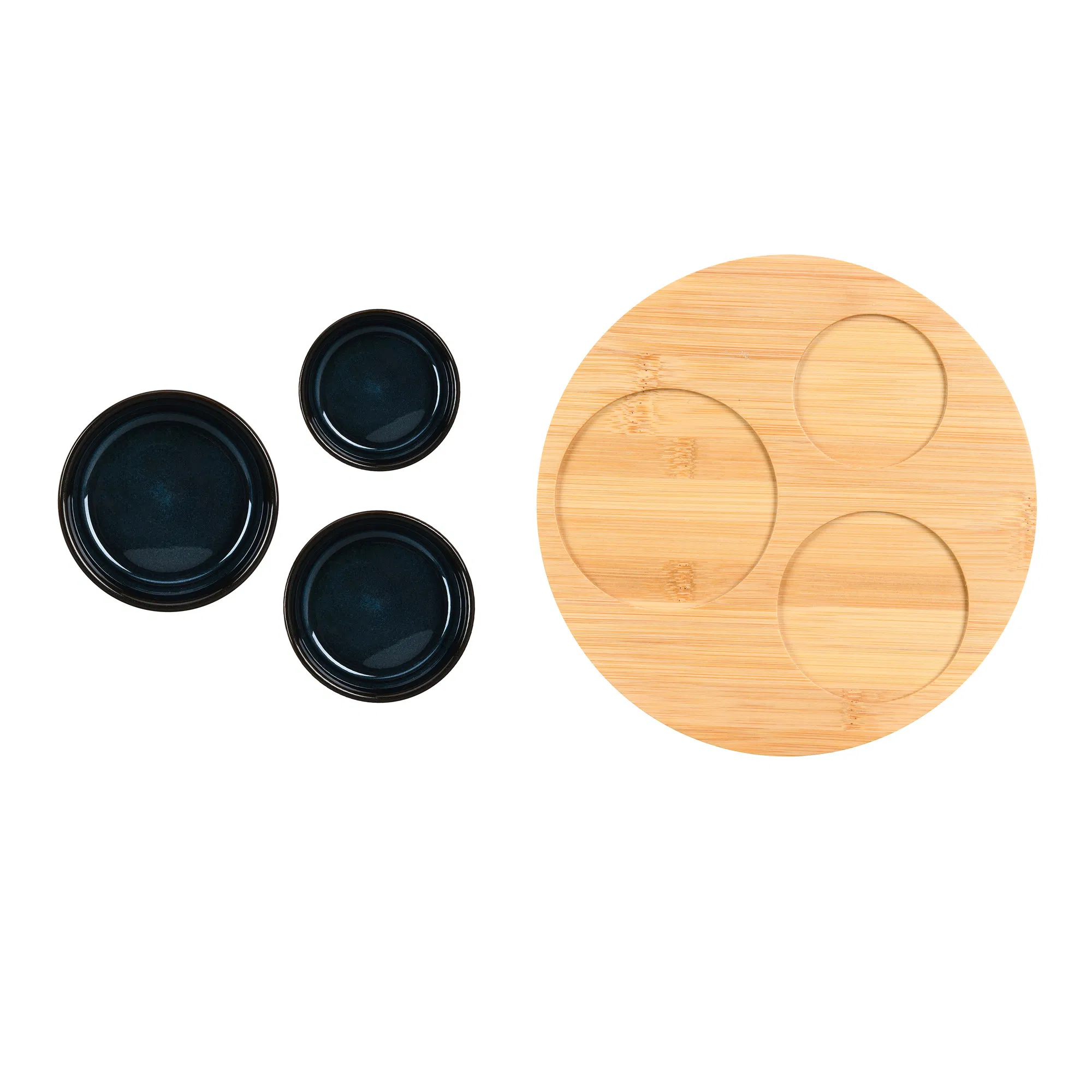 Ceramic Servingware Porcelain Set of 3 Serving Bowl with Bamboo Tray