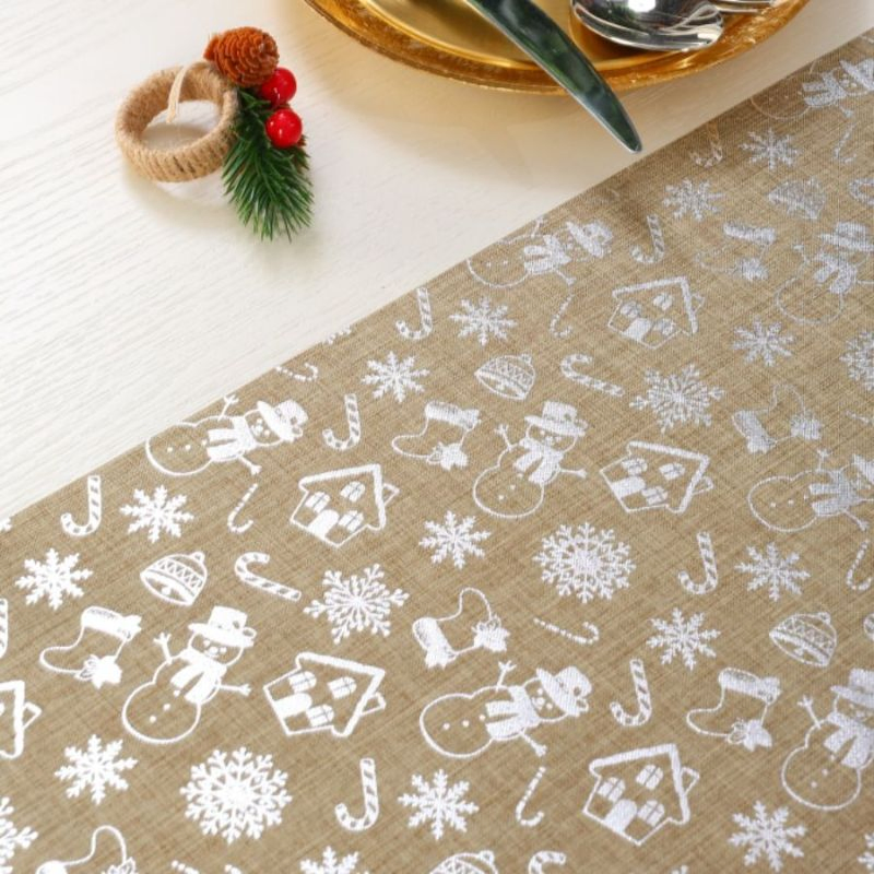 Popular Metallic Silver Foiled Printed Linen Tablecloth Christmas Home and Party Decoration Ornaments Table Cloth Fabric Table Runner