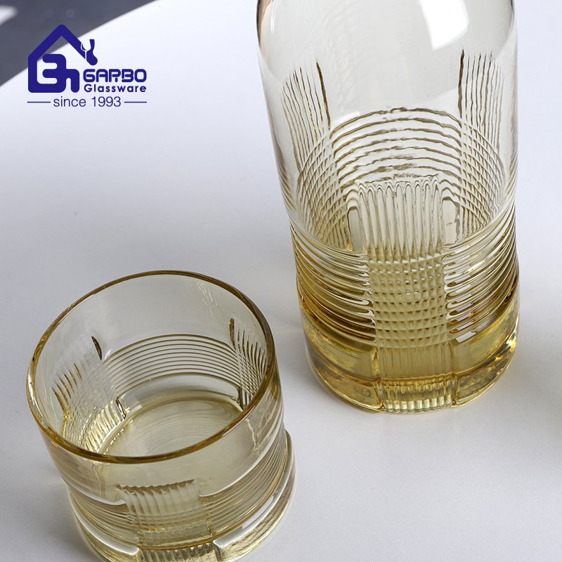 Amber Color Handmade Picture with Tumbler Engraved Design Glass Water Jug Set