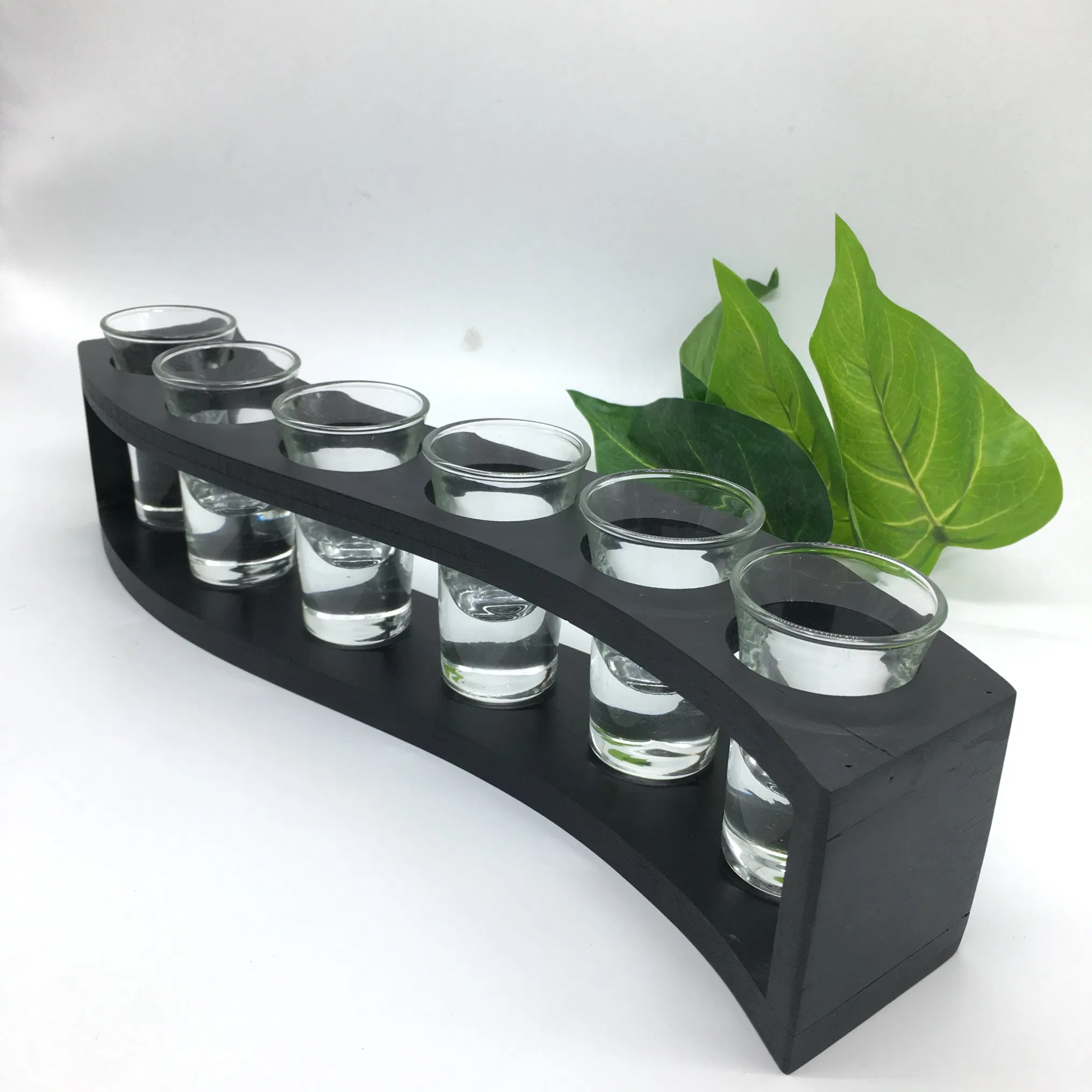 6 Black Color Shot Glass Bamboo Holder Tray