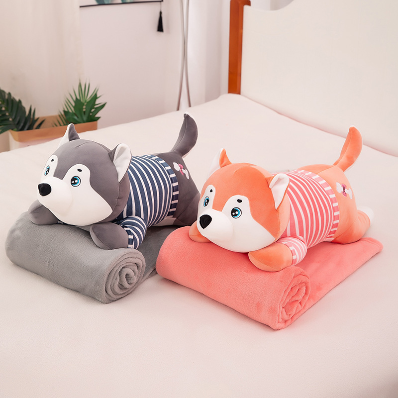 Soft Stuffed Plush Husky Dog Toy Kids Cushion with Flannel Blanket