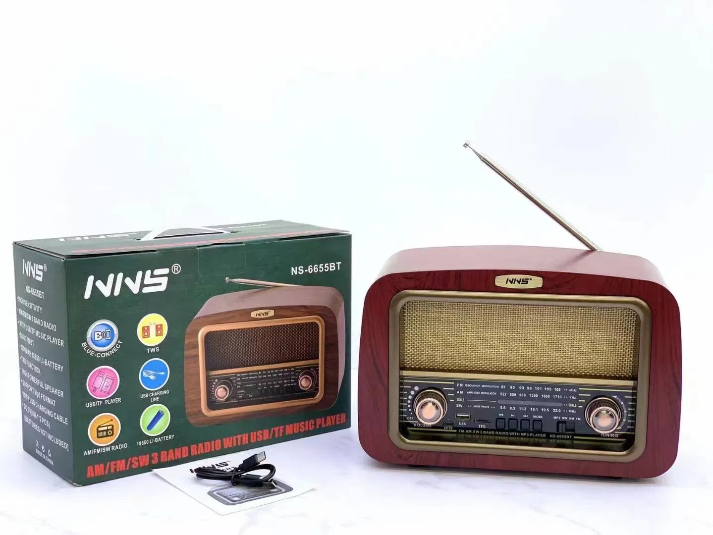 Настольная Bluetooth-колонка NS-6655BT в винтажном деревянном корпусе