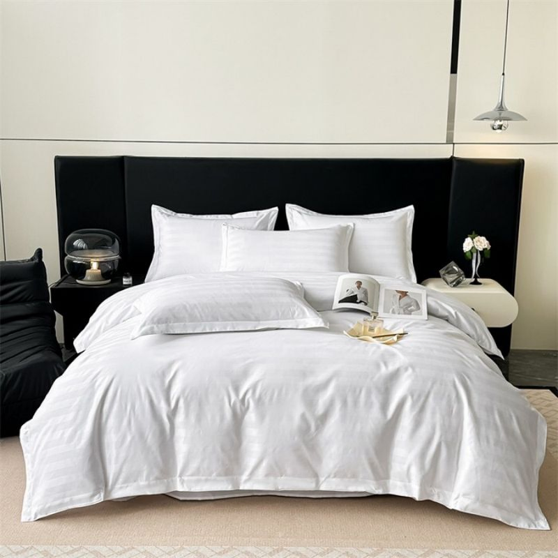 White 3cm Satin Stripe Quilt Duvet Cover Wholesale Soft Smooth Comfortable Flat Sheet ODM/OEM 300tc 100% Cotton Sateen Hotel Bed Sheets Bedding Set Wholesale