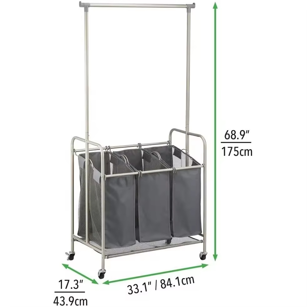 Portable Wheels Laundry Sorter with Steel Hanging Bar
