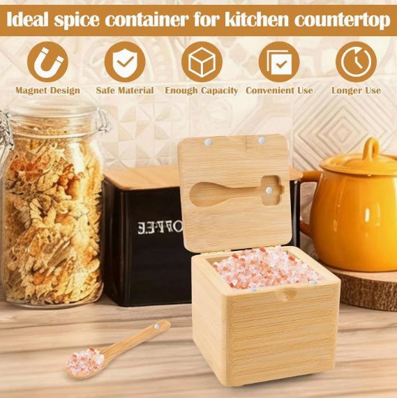 Kitchen Square Bamboo Salt Box with Magnetic Lid Elevated Feet