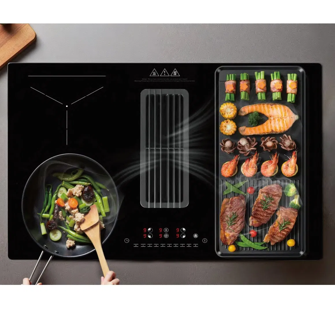 Innovative Four-Hob Induction Venting Cooktop with Downdraft Extraction