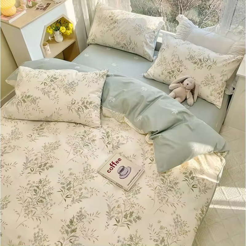 Fashionable Floral Cotton Small Fresh Breathable Fitted Sheet Bedding Duvet Cover Set