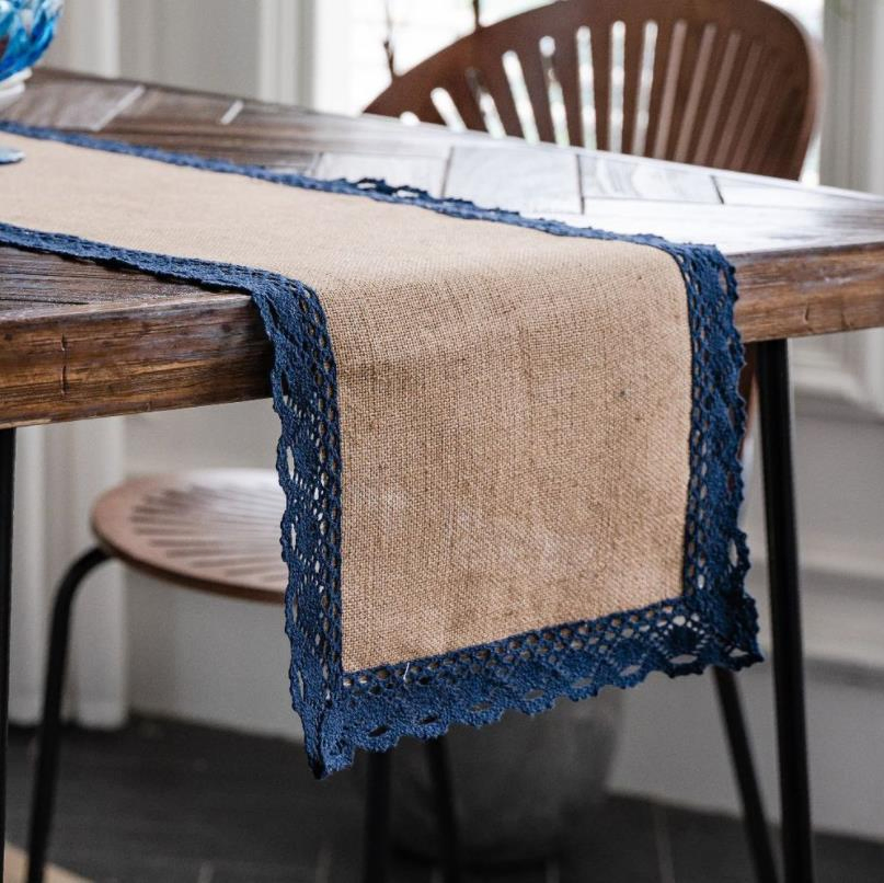 Xinlan Handwoven Jute Table Runner with Lace Trim and Fringe Boho Chic Table Cover for Wedding Party Festive Decor