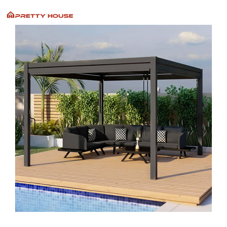 Motorized Pergola Waterproof Windproof with Roller Blind and Rain Sensors