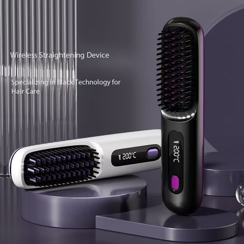 Rechargeable Ceramic Hair Straightener Brush Wireless Negative Ion 2-in-1 Cross-Border Wholesale