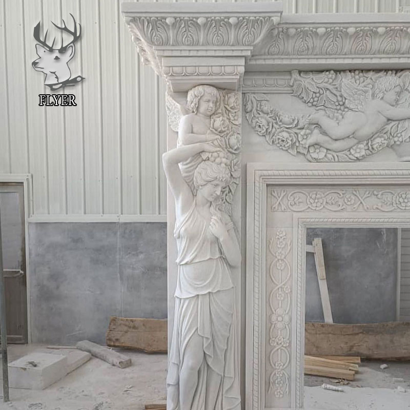 Home Decorative Open Stone Carving Fireplace Surround Freestanding White Marble Fireplace Mantel