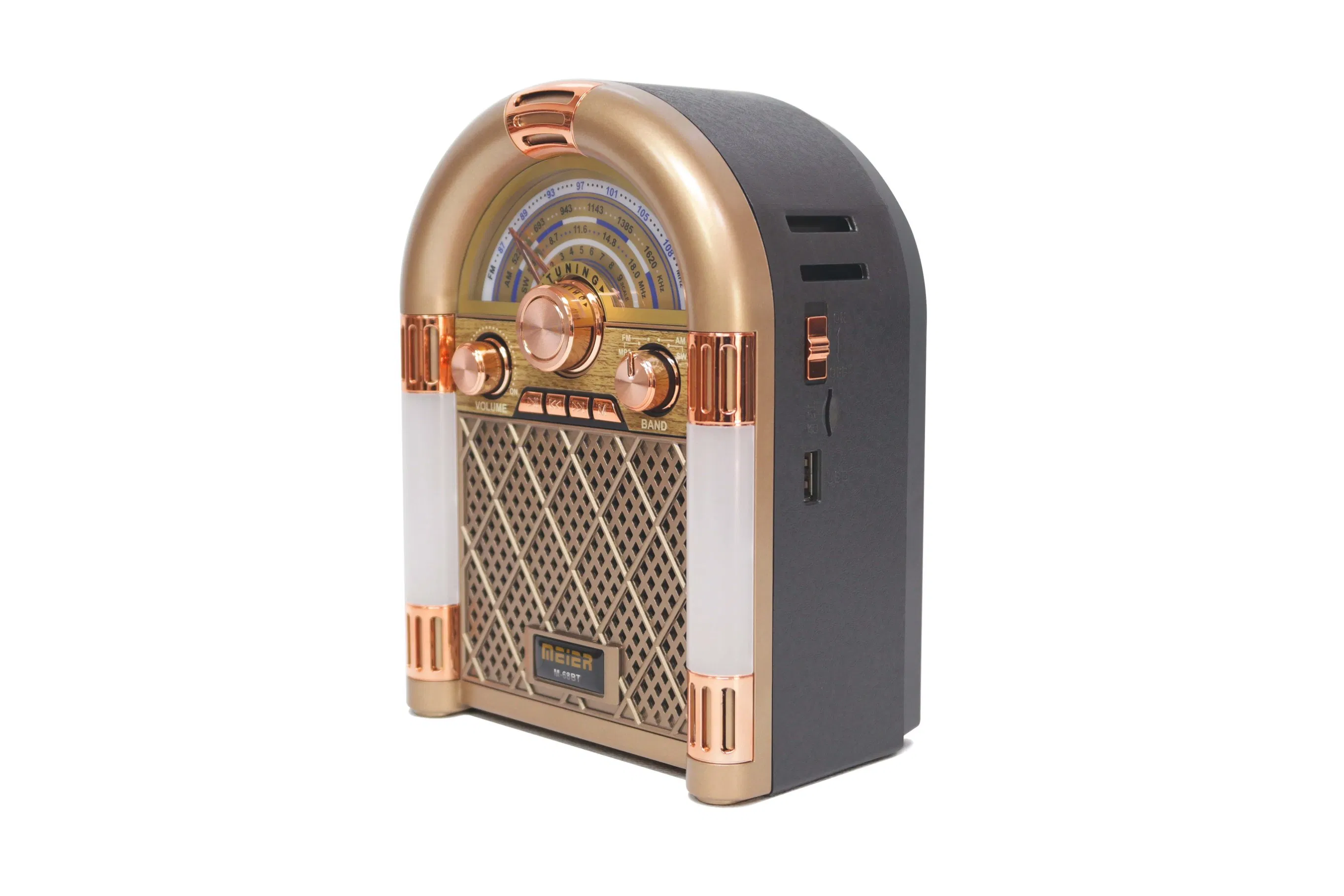 Old Radio Portable 3-Band Am FM Sw Radio, TF Card and MP3 Player, Rechargeable Speaker, Bluetooth Retro Design The Stage Lights Meier M-68bt