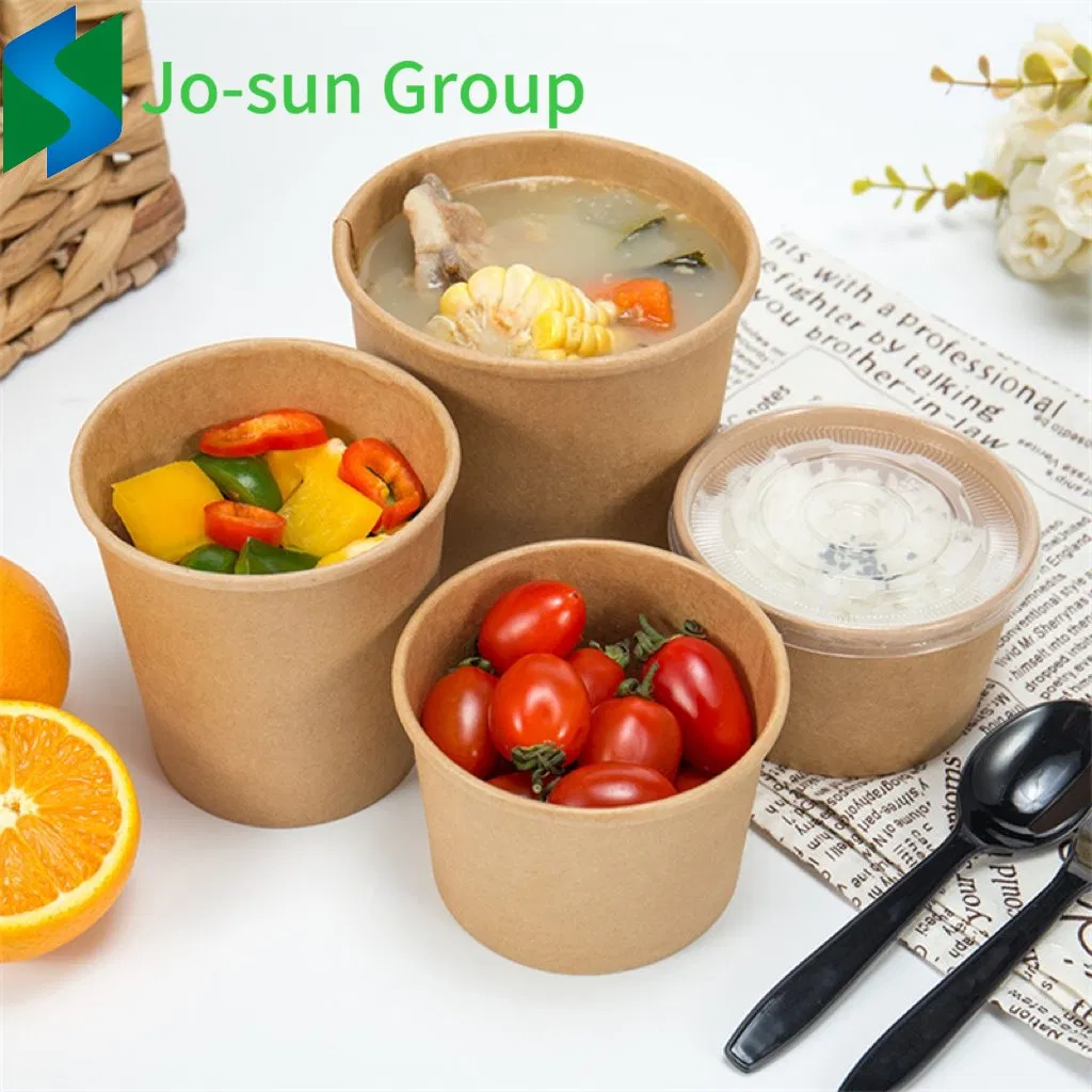 Jo-Sun New Design Factory Outlet Biodegradable Disposable Kraft Paper Brown Hot Soup Bucket with Lid