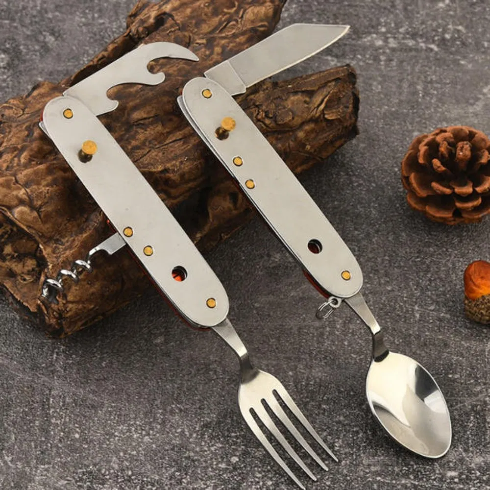 Portable 6-in-1 Detachable Folding Outdoor Camping Tableware Set Tactical Stainless Steel Travel Spoon