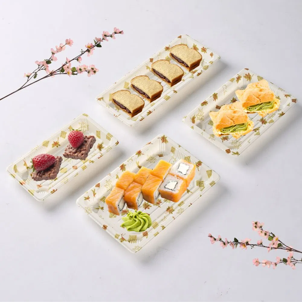 Manluen New Arrived White Maple Leaves Disposable Plastic Food Container Take out Togo Small Sushi Packaging Box