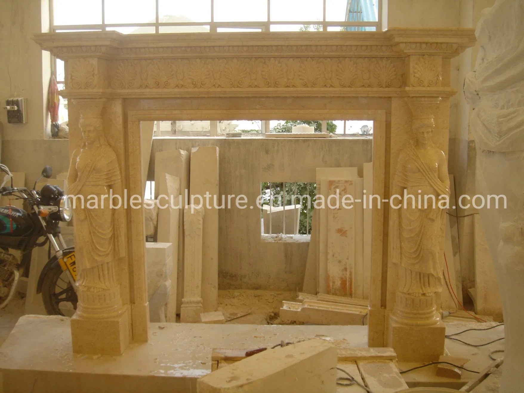Natural Stone Factory Price Marble Fireplace with Carved Figures (SY-MF131)