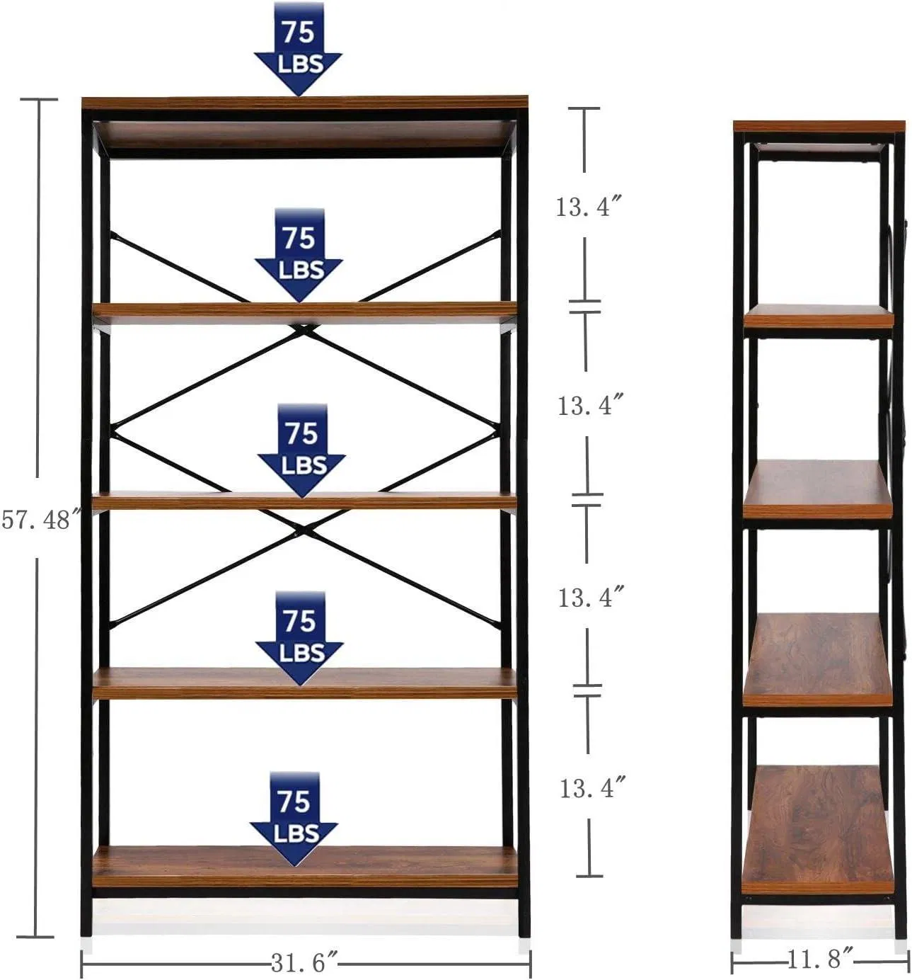 Modern 5-Tier Brown Metal Frame Bookcase with Durable Wire Shelves
