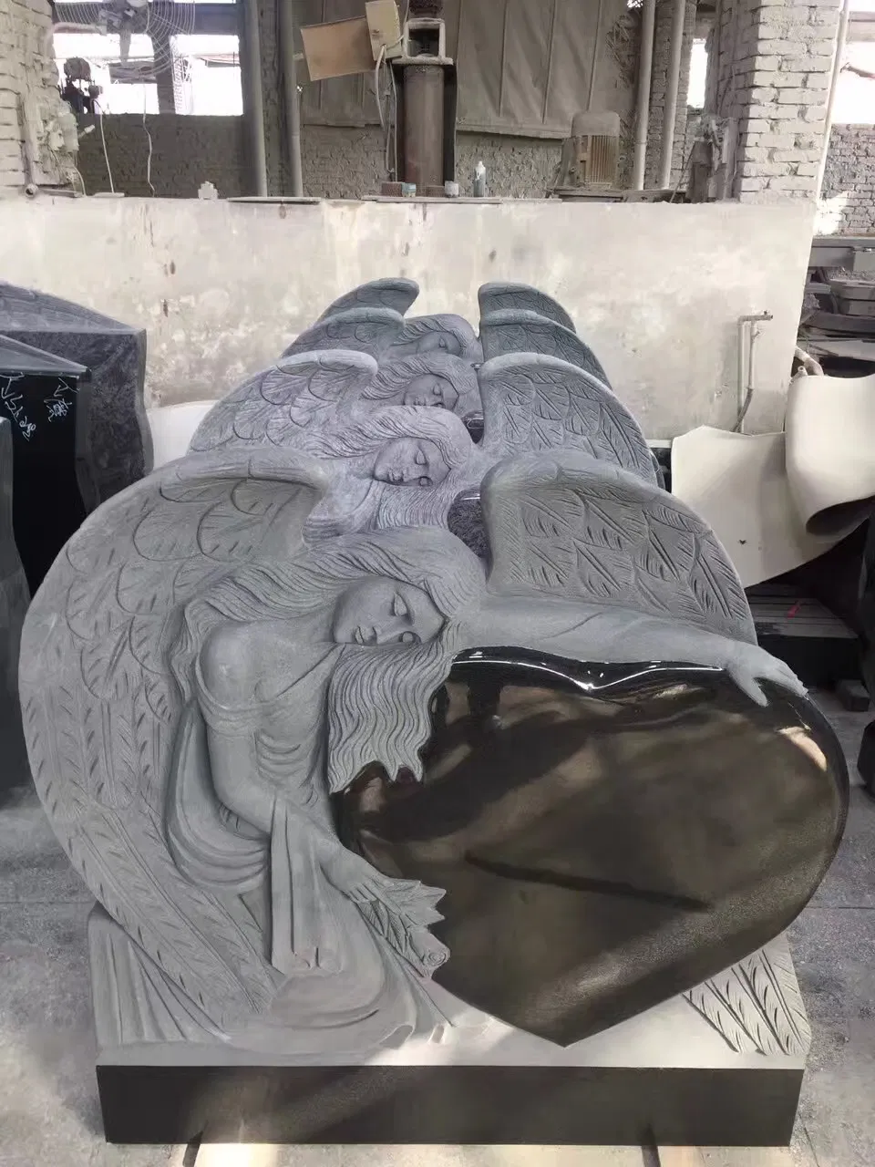 Customized Absolute Black Granite Angel Carving Tombstone Headstone Columnbarium, Slant Beveled Shape Markers Hand Carving, Machine Carving Memorial Monument